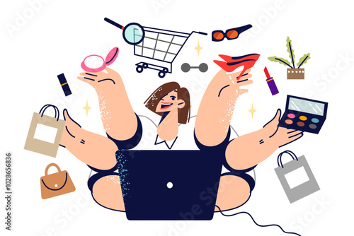 Shopaholic woman shops online and juggles cosmetics and clothes with shopping cart