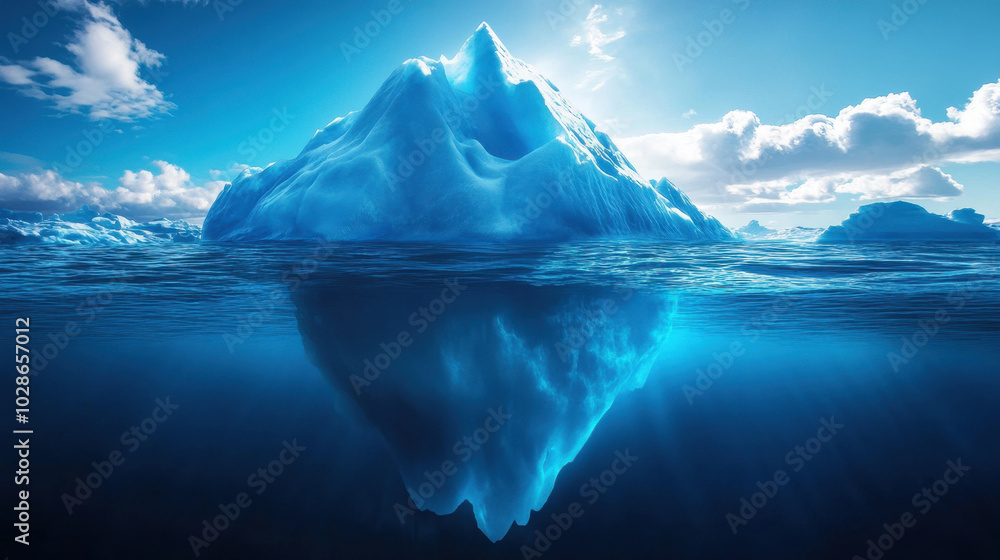 Majestic blue iceberg floating serenely in tranquil waters under a vast sky at twilight Majestic blue iceberg floating serenely in tranquil waters under a vast sky at twilight