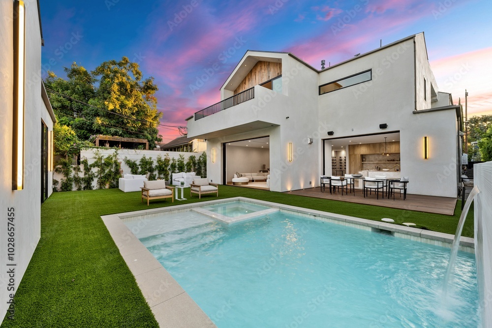 Fototapeta premium Luxury home with pool at sunset.