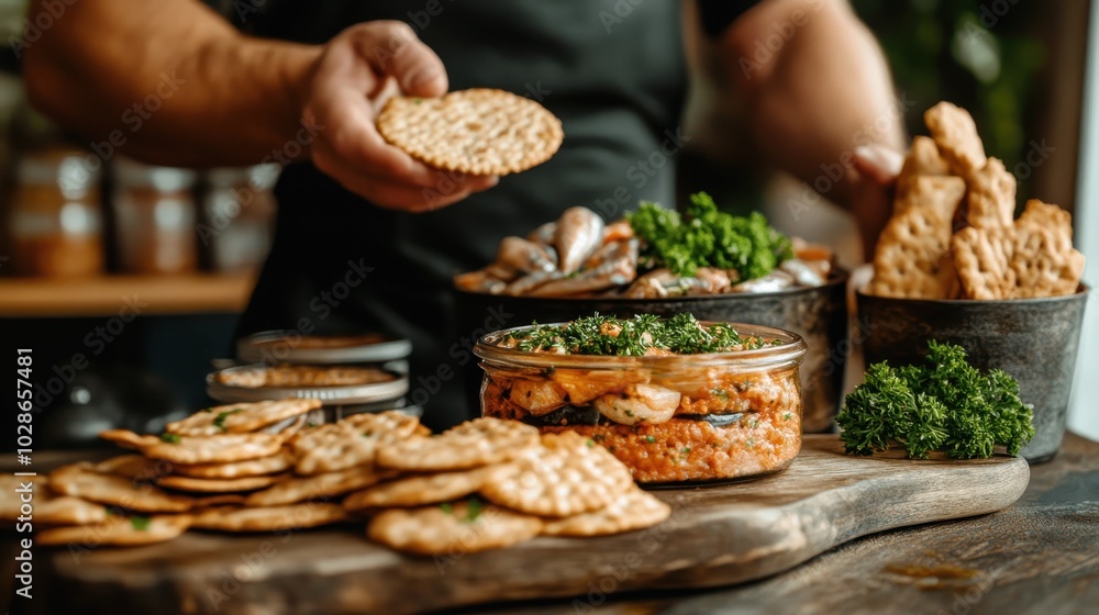 A mouth-watering shrimp spread served in a jar on a wooden plate, garnished with fresh parsley, alongside crispy crackers, ready for an elegant appetizer experience. A mouth-watering shrimp spread served in a jar on a wooden plate, garnished with fresh parsley, alongside crispy crackers, ready for an elegant appetizer experience.