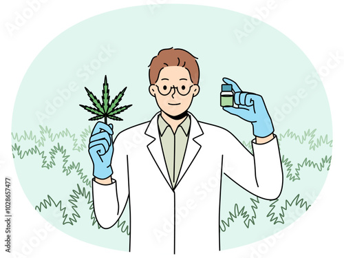 Man biologist with cannabis oil, produced from petals of narcotic plant, recommending legalization of marijuana. Doctor in white coat demonstrates cannabis leaf that helps fight dangerous diseases