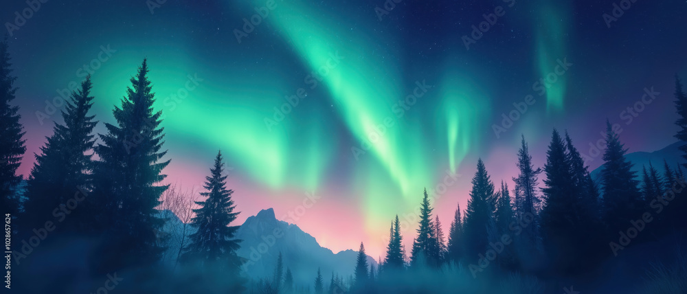 Majestic aurora borealis over a serene forest landscape Majestic aurora borealis over a serene forest landscape
