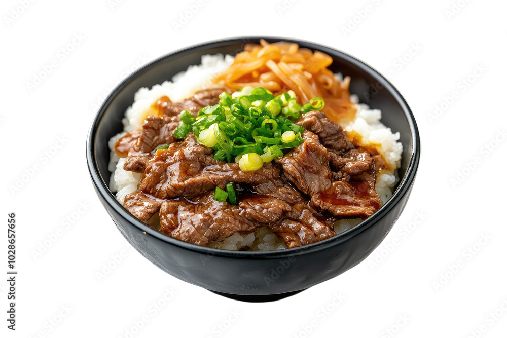 Savory gyudon beef bowl with tender beef, onions, and steamed rice on a transparent background Savory gyudon beef bowl with tender beef, onions, and steamed rice on a transparent background