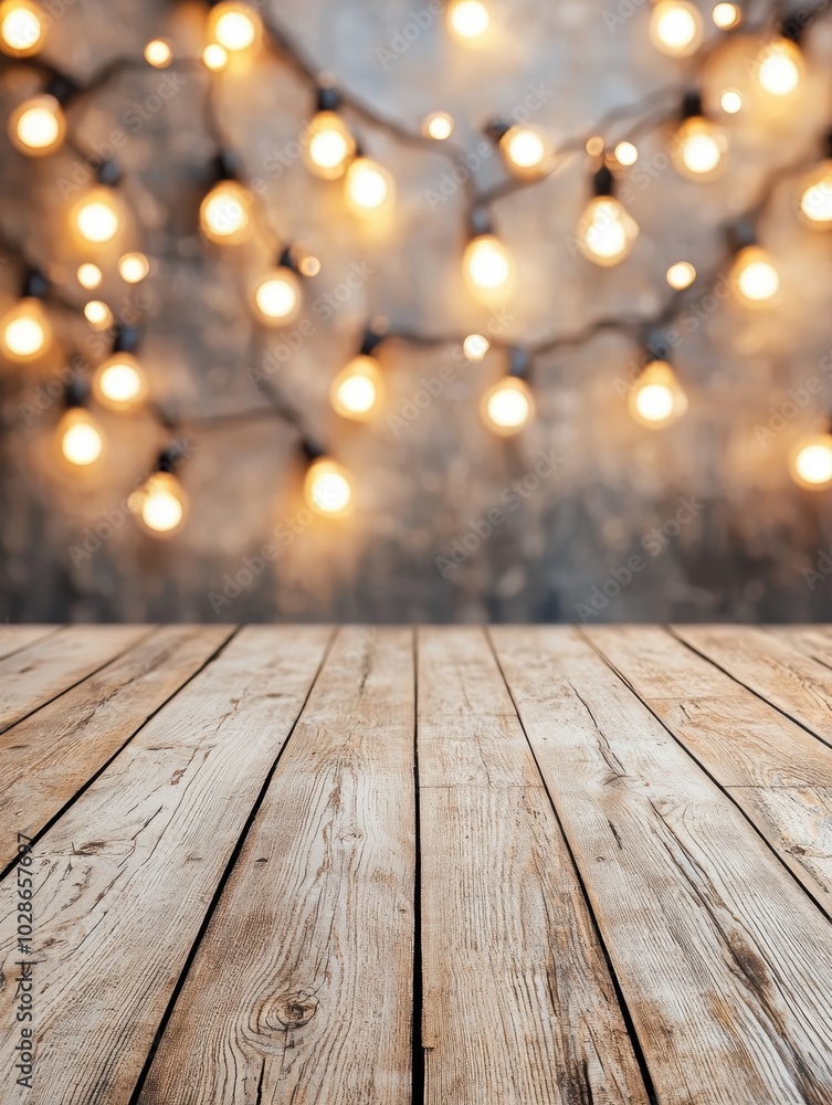 Wooden table with string lights in the background creating a warm ambiance, ideal for cozy settings. Wooden table with string lights in the background creating a warm ambiance, ideal for cozy settings.