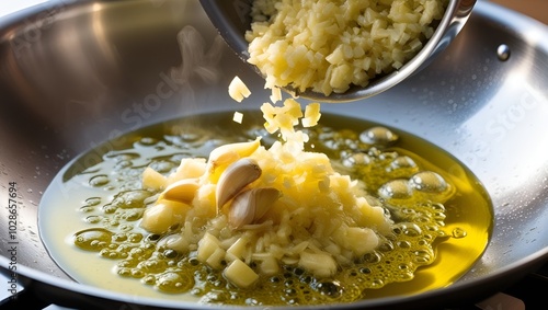 A close-up of finely chopped garlic being added to a pan of sizzling olive oil.