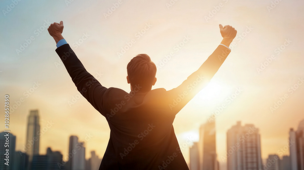 Businessman celebrating success against a city skyline at sunset