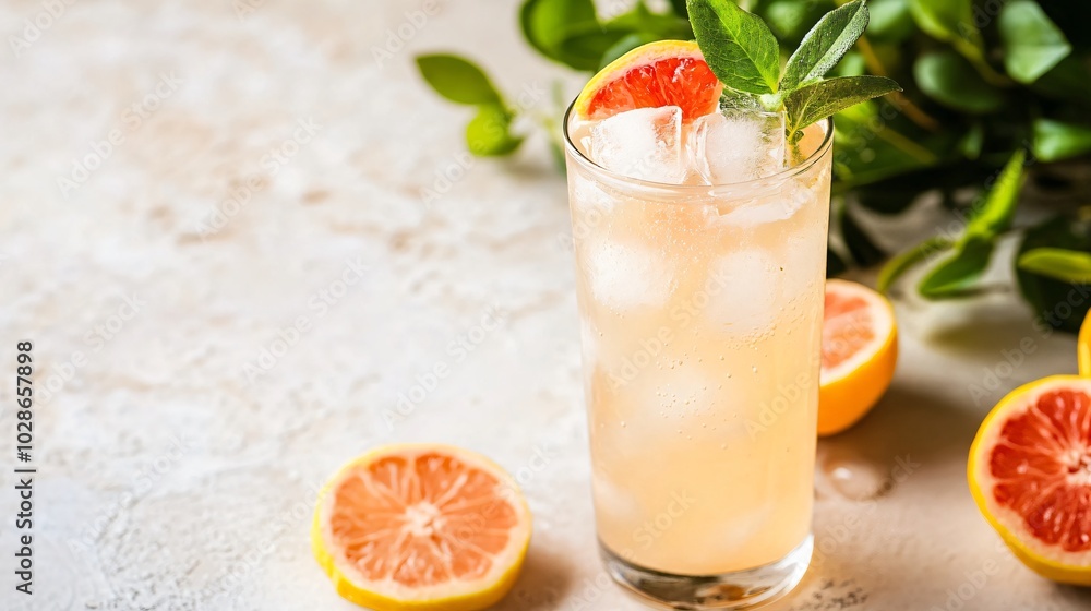 A refreshing Paloma in a tall glass with ice cubes, placed on a light beige background with delicate geometric decorative elements A refreshing Paloma in a tall glass with ice cubes, placed on a light beige background with delicate geometric decorative elements