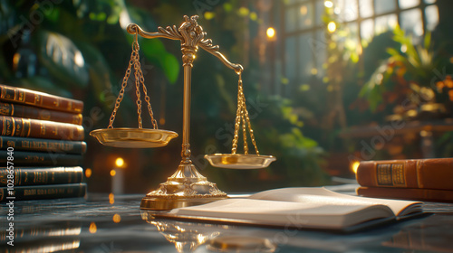 Elegant scale of justice in a serene library setting