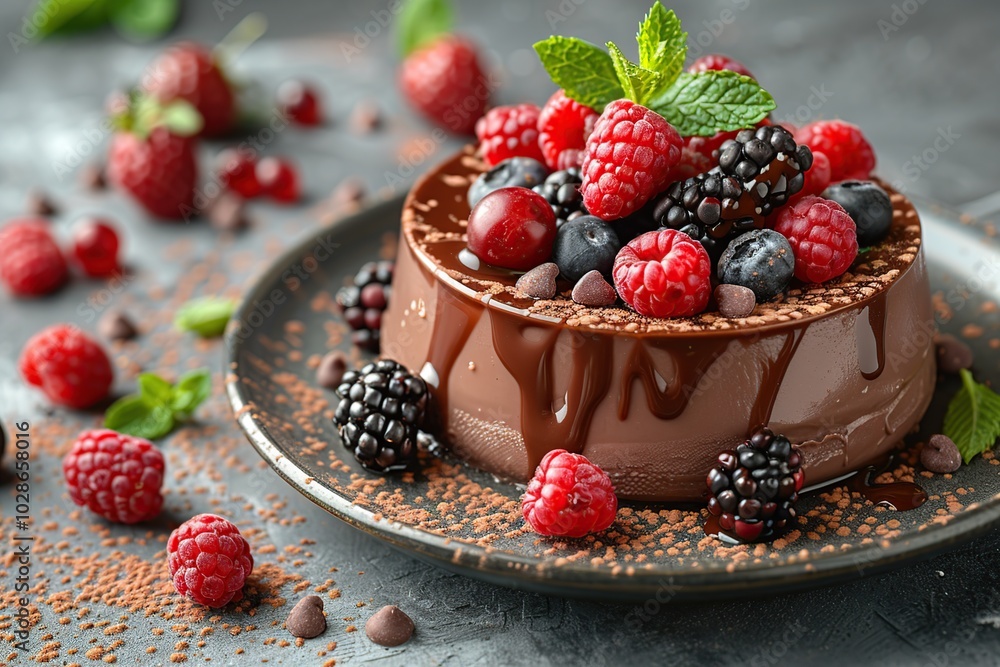 A chocolate dessert topped with fresh berries and drizzled with chocolate sauce, surrounded by scattered berries and chocolate chips. A chocolate dessert topped with fresh berries and drizzled with chocolate sauce, surrounded by scattered berries and chocolate chips.