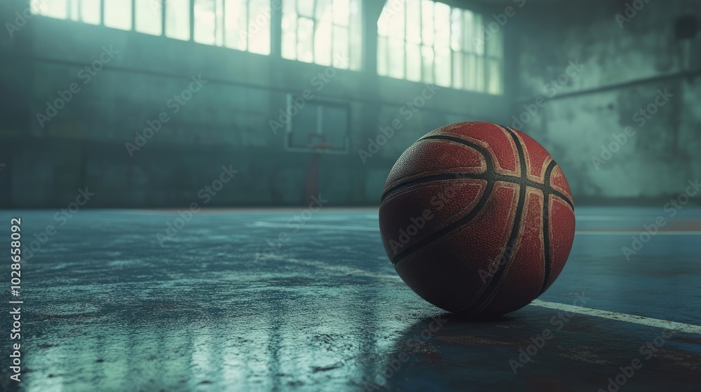 A basketball lying on a smooth court with faded markings and soft lighting. A basketball lying on a smooth court with faded markings and soft lighting.