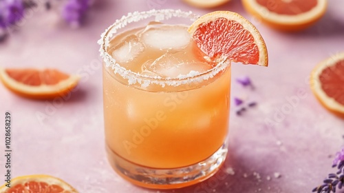 A vibrant Paloma cocktail in a glass with a salted rim, isolated on a muted lavender background with abstract floral accents photo