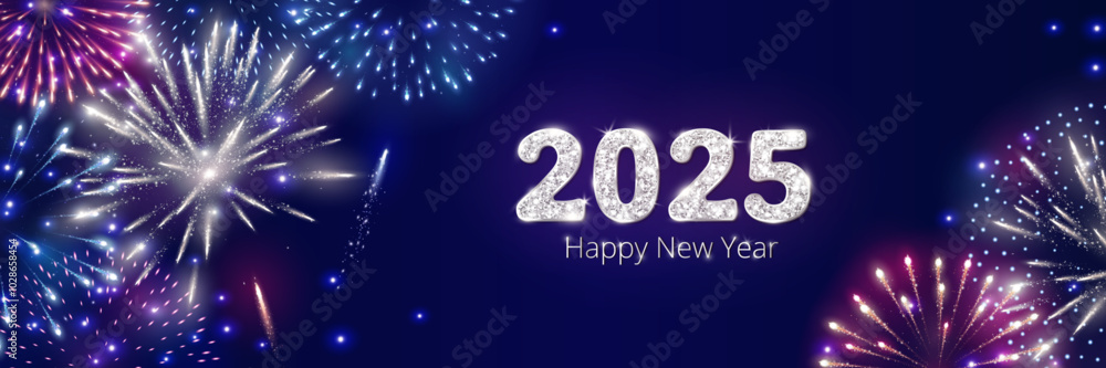 Happy New Year background. 2025 white glitter numbers. Night sky with shiny fireworks explosion. Holiday decoration. For calendars, party posters, Christmas season campaigns and social media. Vector. Happy New Year background. 2025 white glitter numbers. Night sky with shiny fireworks explosion. Holiday decoration. For calendars, party posters, Christmas season campaigns and social media. Vector.