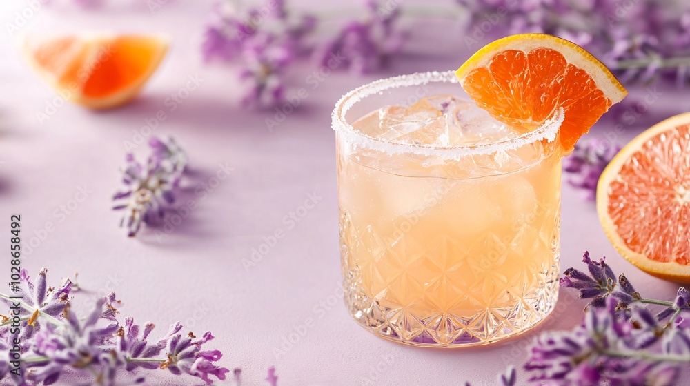 A vibrant Paloma with a sugared rim, served in a crystal glass, placed on a muted lavender background with soft floral decorative patterns A vibrant Paloma with a sugared rim, served in a crystal glass, placed on a muted lavender background with soft floral decorative patterns