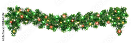 Christmas tree garlands. Realistic pine-tree branches with colorful red and green Christmas lights. Decoration for holiday banners, party posters, greeting cards, packaging, social media, merchandise.