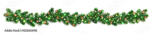 Christmas tree garlands. Realistic pine-tree branches with colorful red and green Christmas lights. Decoration for holiday banners, party posters, greeting cards, packaging, social media, merchandise.