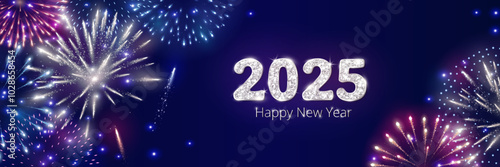 Happy New Year background. 2025 white glitter numbers. Night sky with shiny fireworks explosion. Holiday decoration. For calendars, party posters, Christmas season campaigns and social media. Vector.