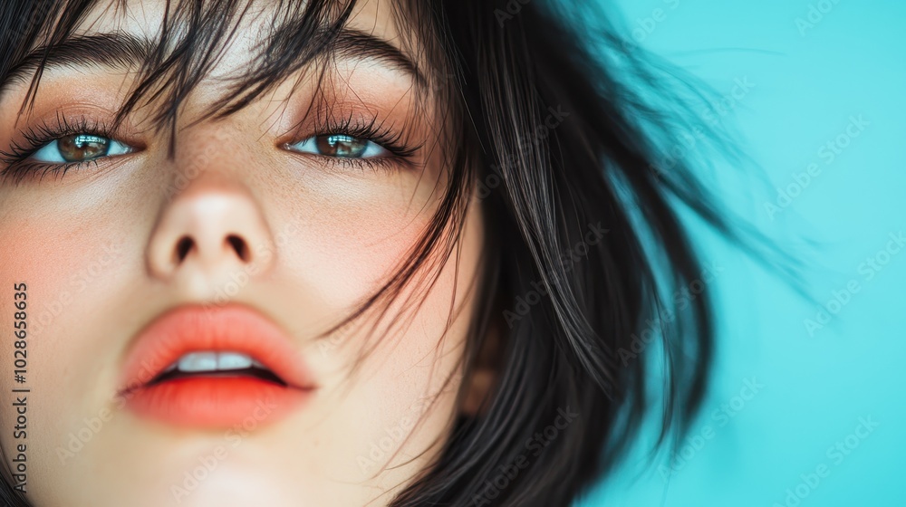 A detailed close-up on a woman's face with delicate features and black hair, set against a blue backdrop, highlighting her beauty and captivating gaze artistically. A detailed close-up on a woman's face with delicate features and black hair, set against a blue backdrop, highlighting her beauty and captivating gaze artistically.