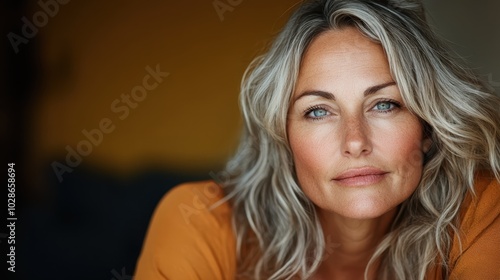 Wallpaper Mural A thoughtful woman with gray hair gazes softly, surrounded by warm tones and textures, embodying wisdom and serenity in a tranquil and inviting atmosphere. Torontodigital.ca