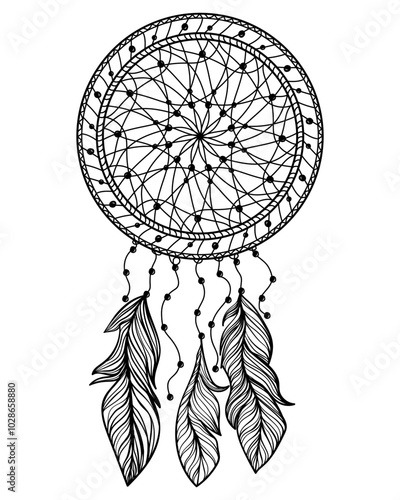 Dreamcatcher outline, meditative coloring page with symbolic totem with beads and feathers