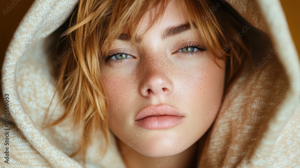 A portrait of a thoughtful woman with freckles wearing a warm, hooded sweater, looking ahead with serene expression in soft light, evoking warmth and introspection. A portrait of a thoughtful woman with freckles wearing a warm, hooded sweater, looking ahead with serene expression in soft light, evoking warmth and introspection.