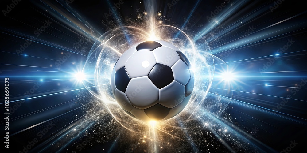 Fototapeta premium A radiant soccer ball engulfed in a swirling vortex of light and energy, symbolizing the dynamism and passion of the sport.