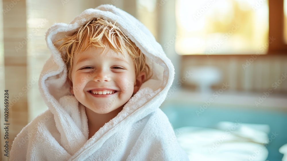 A joyful child wrapped in a cozy white towel, sitting by a pool and smiling with pure happiness and innocence, captured in a warm, inviting ambiance. A joyful child wrapped in a cozy white towel, sitting by a pool and smiling with pure happiness and innocence, captured in a warm, inviting ambiance.