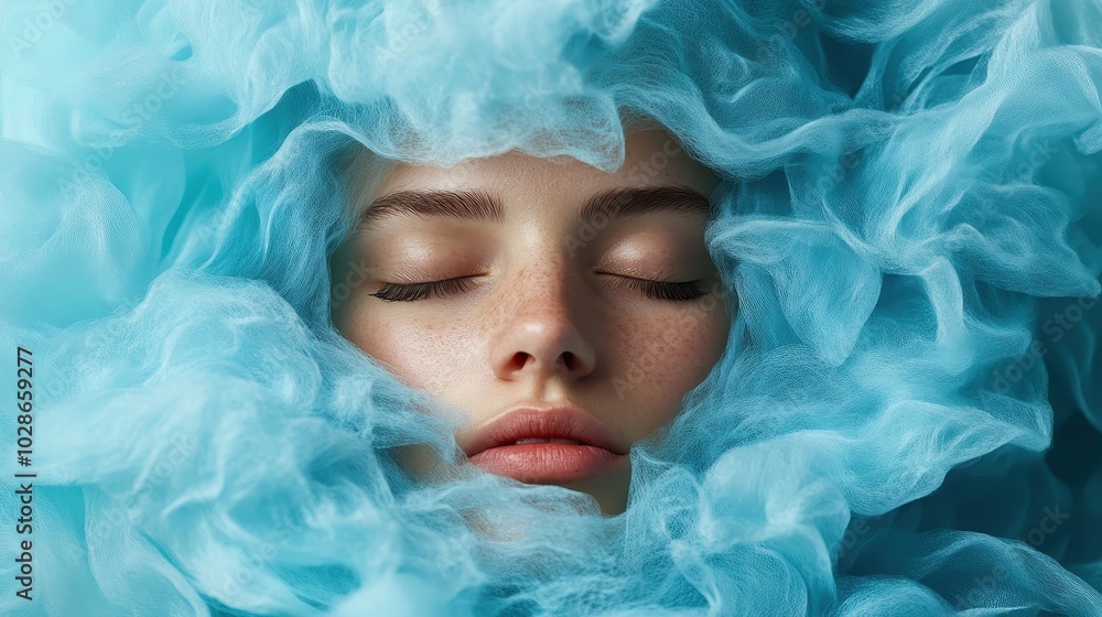 A serene face with closed eyes rests embraced by soft, blue fabric that resembles fluffy clouds, providing a sense of peace and tranquility. A serene face with closed eyes rests embraced by soft, blue fabric that resembles fluffy clouds, providing a sense of peace and tranquility.