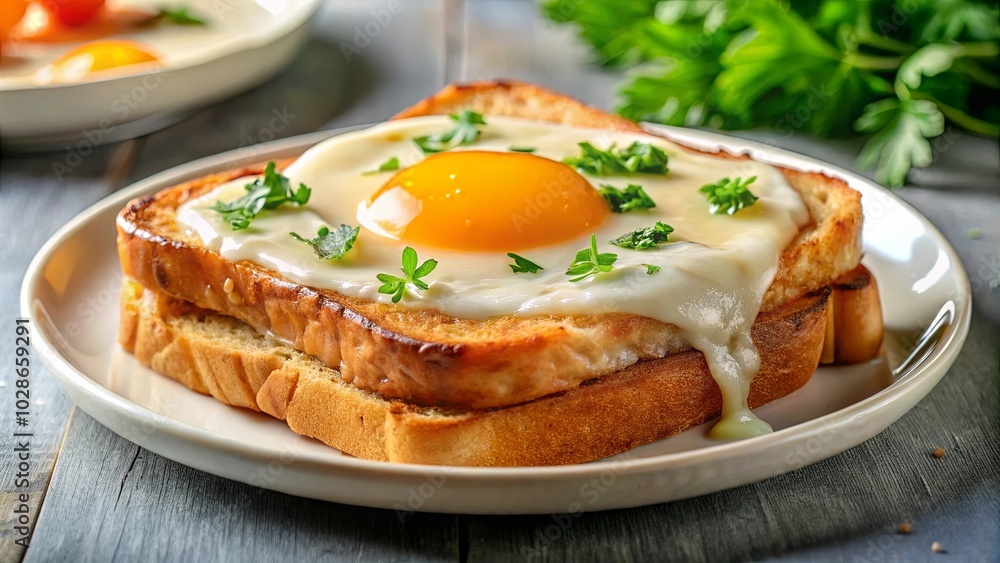 A golden brown toasted bread sandwich topped with a perfectly cooked fried egg, garnished with fresh herbs, and a drizzle of creamy sauce, resting on a white plate, ready to be savored. A golden brown toasted bread sandwich topped with a perfectly cooked fried egg, garnished with fresh herbs, and a drizzle of creamy sauce, resting on a white plate, ready to be savored.