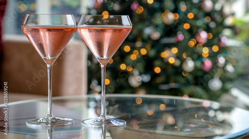 Two elegant glasses of pink champagne on a glass table, with a decorated Christmas tree and holiday lights softly glowing in the background