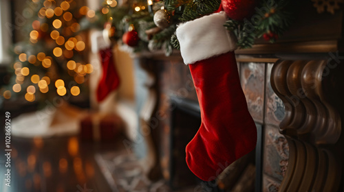 A red Christmas stocking with white fur trim hanging from a decorated fireplace, with blurred holiday lights and a Christmas tree in the background