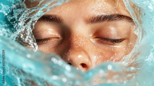 A serene face with closed eyes appears submerged in a sea of translucent water waves, exuding tranquility and calmness under soft lighting. photo