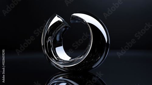 A chrome-finished logo reflecting light on a glossy black surface.