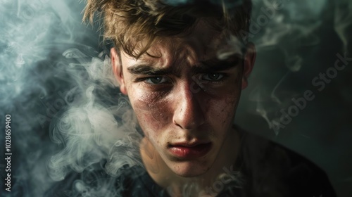 A Close-Up Portrait of a Young Man with Smoky Background