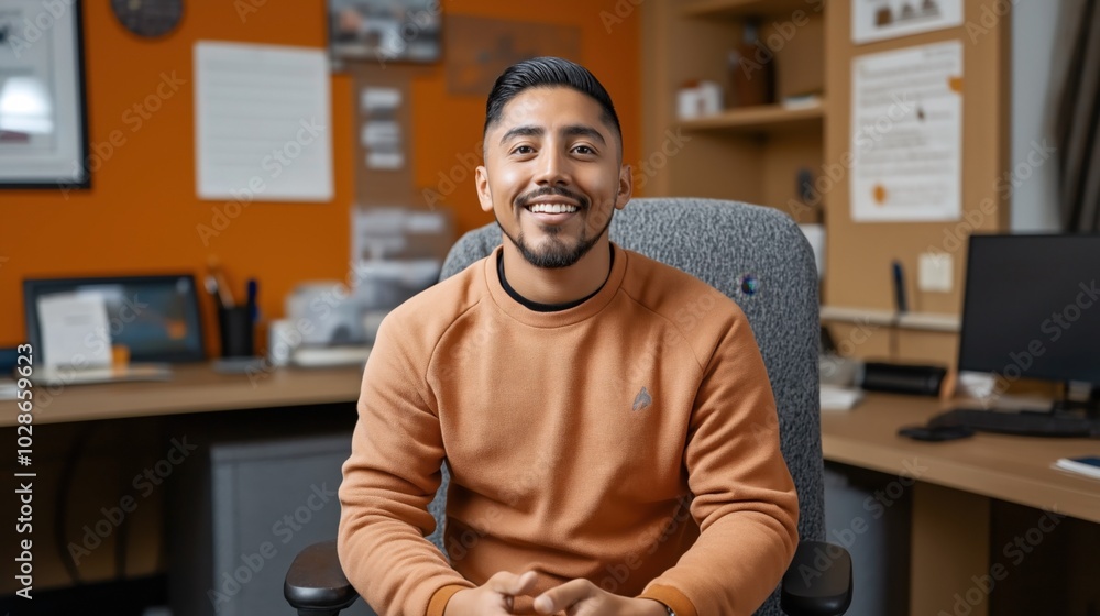 Smiling man sitting in an office chair in a modern workspace with orange accents and office supplies visible in the background, wearing a casual orange sweater. Smiling man sitting in an office chair in a modern workspace with orange accents and office supplies visible in the background, wearing a casual orange sweater.