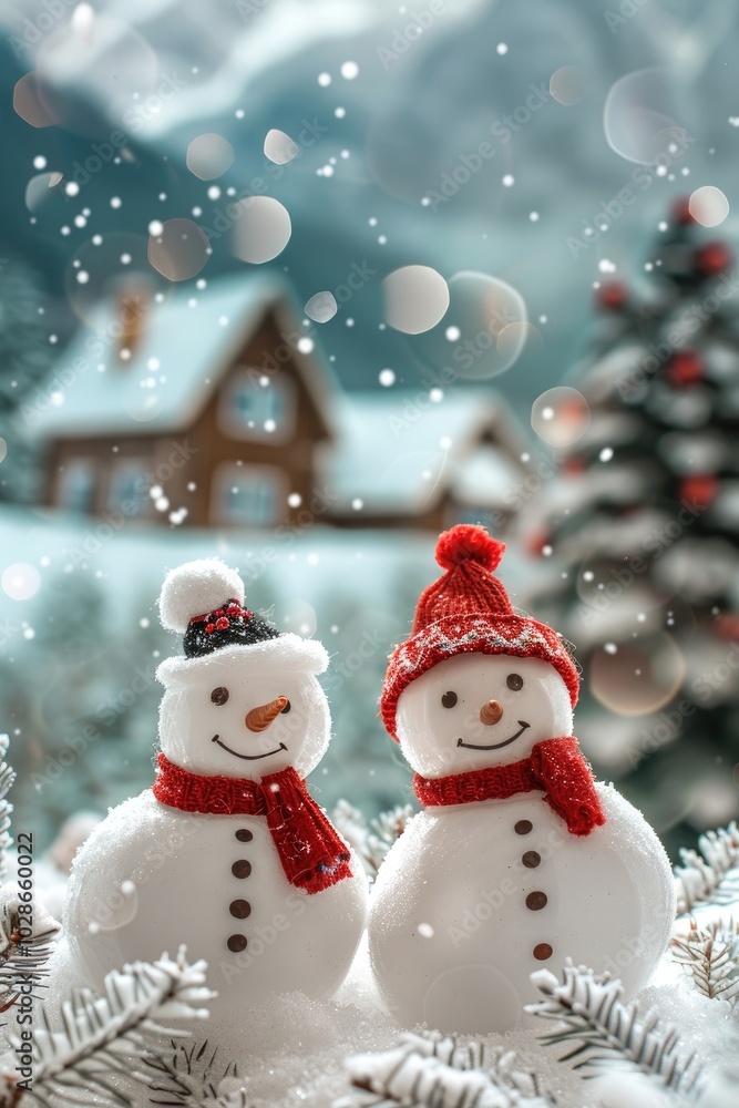 Fototapeta premium Two Snowmen with Red Hats and Scarves in a Snowy Winter Scene