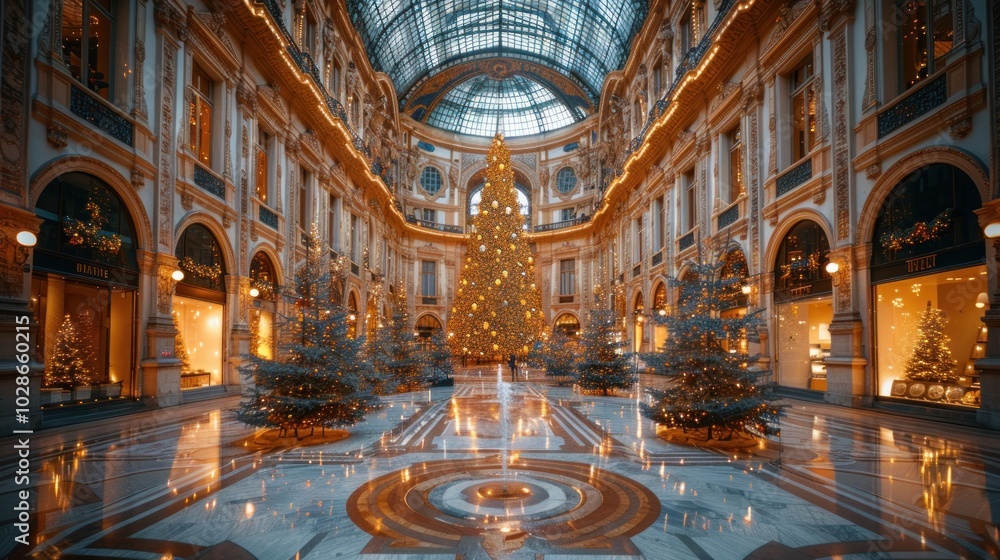 Obraz premium A stunning Christmas display with a grand tree illuminated in a festive shopping gallery during winter magic. Generative AI