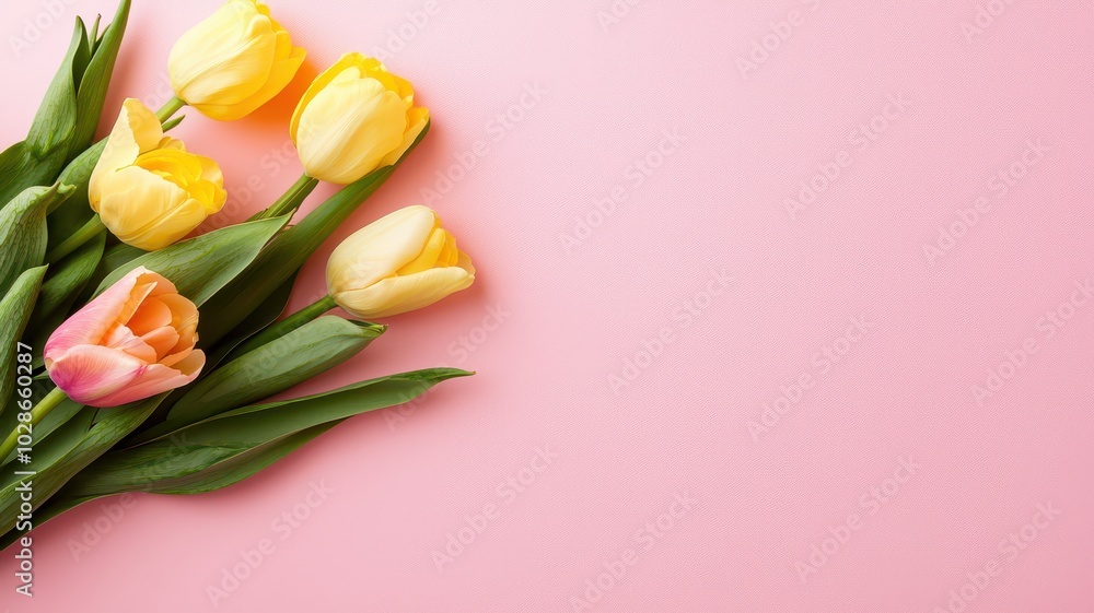 Delicate bouquet of roses and tulips on a soft pink background, perfect for adding your personalized text. Delicate bouquet of roses and tulips on a soft pink background, perfect for adding your personalized text.