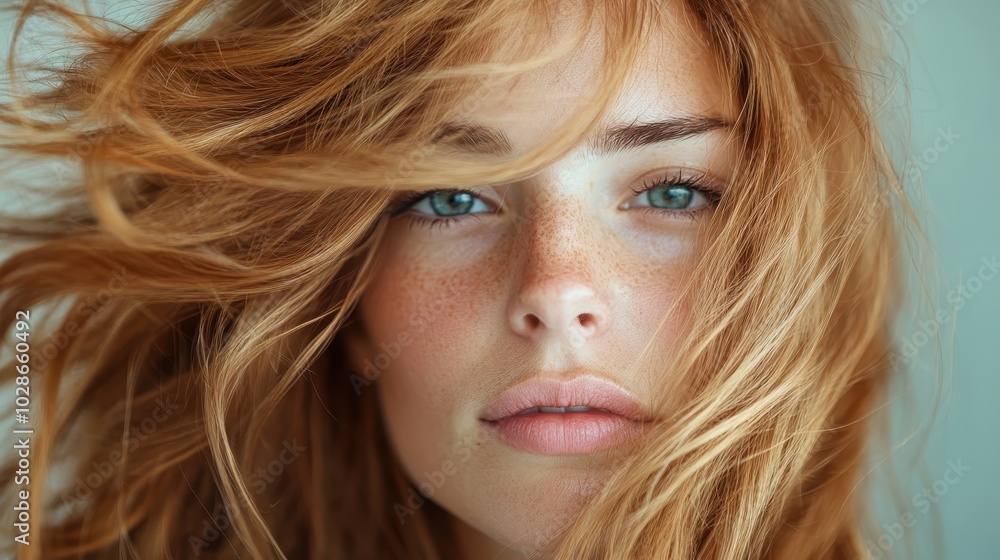 A close-up of a freckled woman with red hair being blown gently by the wind. Her bright blue eyes and intense gaze convey emotions of strength and determination. A close-up of a freckled woman with red hair being blown gently by the wind. Her bright blue eyes and intense gaze convey emotions of strength and determination.