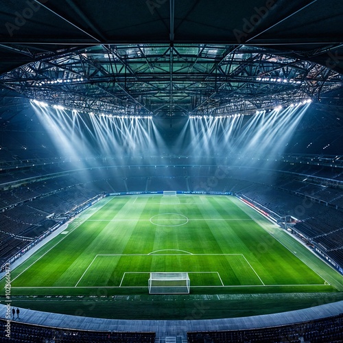 illustration of soccer field in a large stadium with spotlights, without people, at night