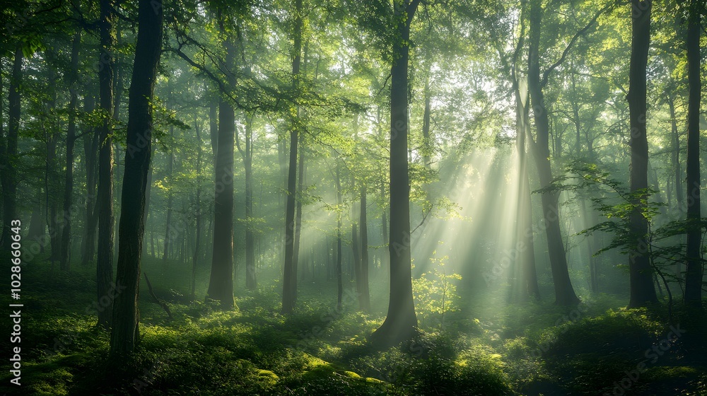 Obraz premium Sunlight streams through a dense, misty forest.