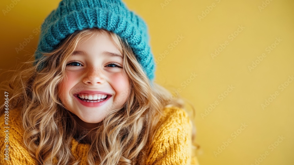 A cheerful young girl in a blue hat and yellow sweater beams with a wide smile, radiating happiness and warmth, set against a vibrant yellow background. A cheerful young girl in a blue hat and yellow sweater beams with a wide smile, radiating happiness and warmth, set against a vibrant yellow background.
