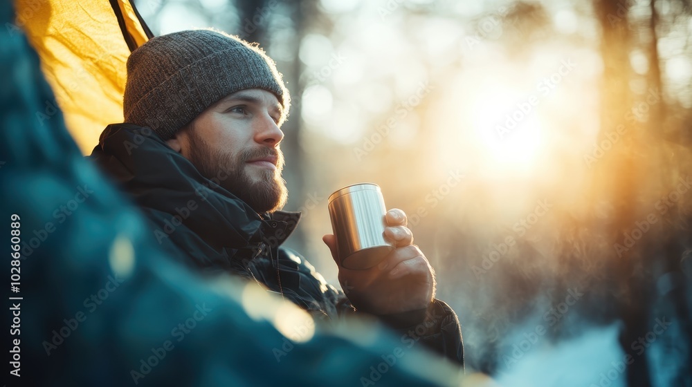 A man wrapped in warm clothing gazes outside his yellow tent with a steaming cup of coffee on a frosty morning, representing warmth and peaceful contemplation. A man wrapped in warm clothing gazes outside his yellow tent with a steaming cup of coffee on a frosty morning, representing warmth and peaceful contemplation.