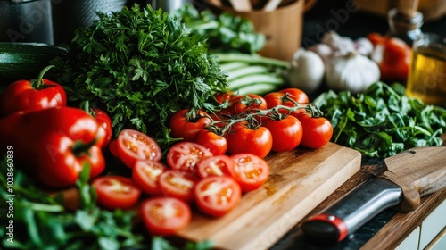 An appetizing display of tomatoes, greens, and herbs on a chopping board, accompanied by kitchen utensils, evoking a sense of freshness and culinary creativity.