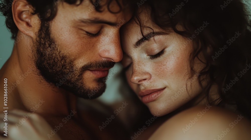 A couple shares a tender moment in soft lighting. The man has gently closed eyes, cuddling closely, while the woman smiles gracefully, evoking warmth and connection. A couple shares a tender moment in soft lighting. The man has gently closed eyes, cuddling closely, while the woman smiles gracefully, evoking warmth and connection.