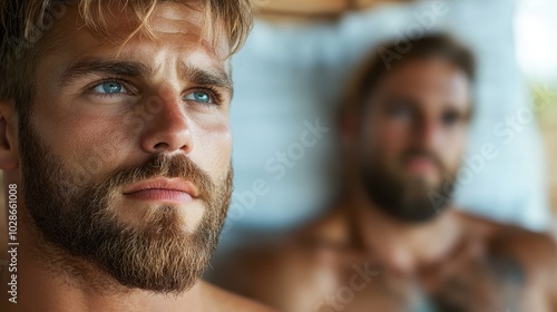 A man in the forefront with intense focus and thoughtful expression, sharing an emotional and reflective moment with a friend in a relaxed setting. photo