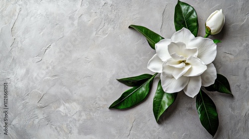 A lone gardenia on a smooth light gray background