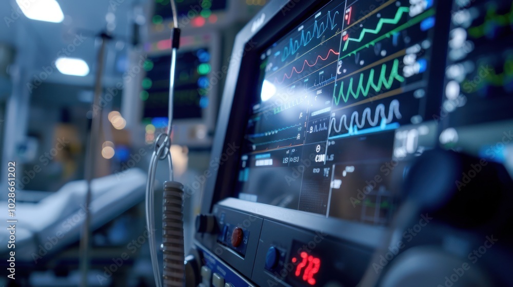Close-up of a Medical Monitor with Vital Signs in a Hospital Room Close-up of a Medical Monitor with Vital Signs in a Hospital Room