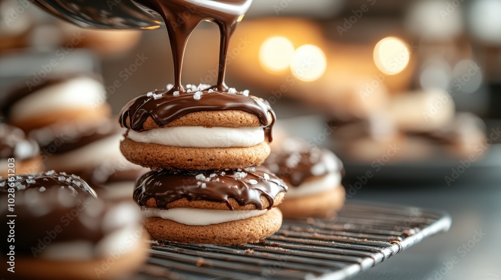 Tempting image of stacked cookies being drizzled with smooth, rich chocolate, creating a mouth-watering dessert ready to be savored by sweets lovers. Tempting image of stacked cookies being drizzled with smooth, rich chocolate, creating a mouth-watering dessert ready to be savored by sweets lovers.