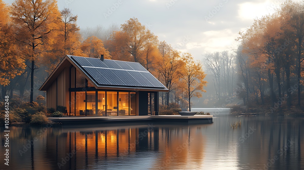 Modern wooden house with solar panels on the roof, situated on a small lake in a forest during fall. Modern wooden house with solar panels on the roof, situated on a small lake in a forest during fall.