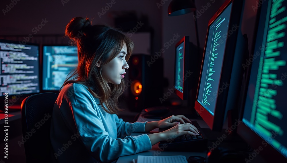 Young woman coding intently in a dimly lit room with multiple monitors Young woman coding intently in a dimly lit room with multiple monitors